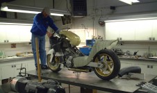 Justin Gurney balancing a Alligator Motorcycle Prototype
